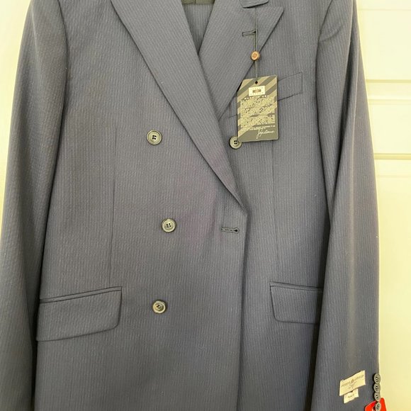 Joseph Abboud Slim Fit Super 120's Double Breasted Blue Suit - Picture 3 of 6